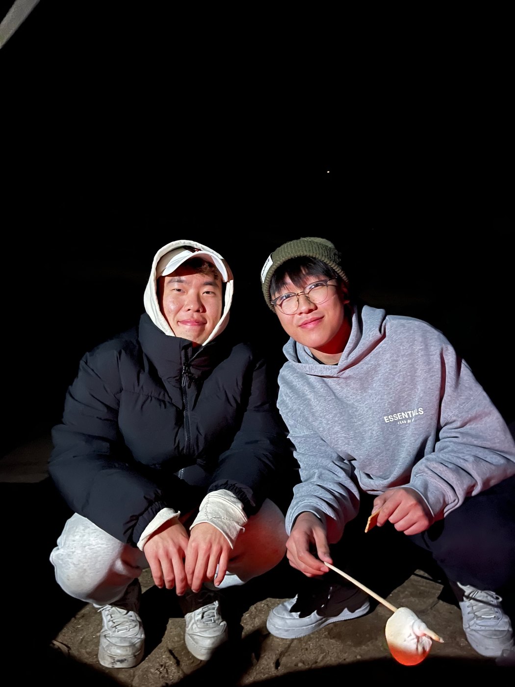 two friends at night roasting marshmallows
